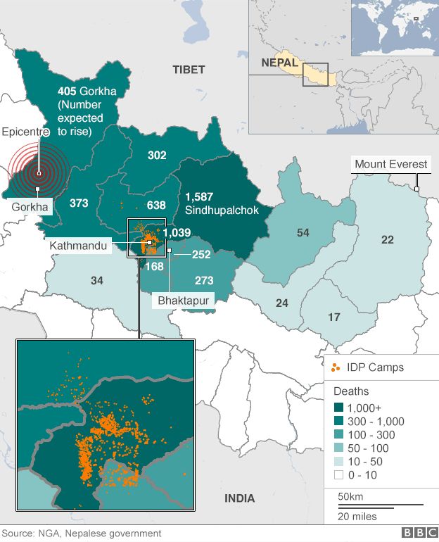 Map showing the Nepal earthquake zone