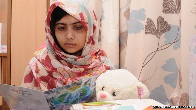 Malala Yousafzai at the Queen Elizabeth Hospital in Birmingham on 7 November 2012