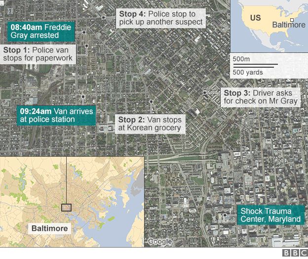 Map of Freddie Gray's police ride