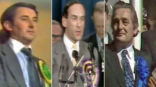 David Steel, Jeremy Thorpe and Geraint Wyn Howells wearing their rosettes