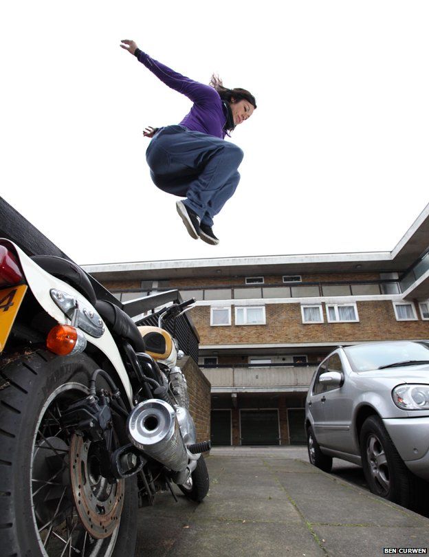 Shirley leaps over motorbike