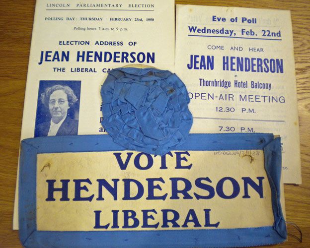 Jean Henderson's blue liberal rosettes and leaflets