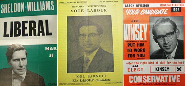 A green Liberal poster, a yellow Labour one, and a red Conservative one