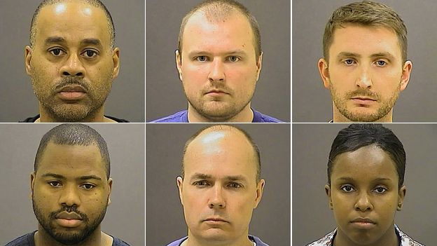 The six police officers facing the charges (top row from left): Caesar Goodson Jr., Garrett Miller and Edward Nero; bottom row from left: William Porter, Brian Rice and Alicia White