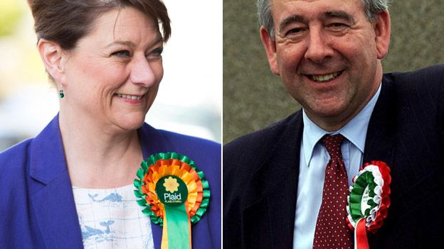 Leanne Wood in 2015 and Dafydd Wigley in 1999