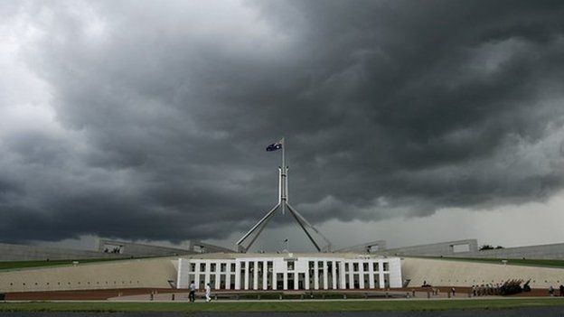 Rain clouds move over the Australian Parliament, Canberra, Australia
