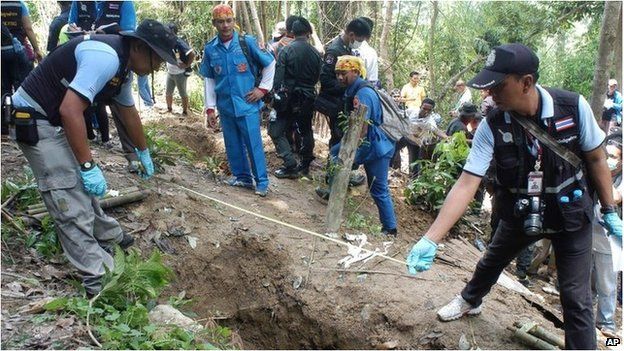 Thai police officials measure a shallow grave in Padang Besar, Songkhla province (2 May 2015)