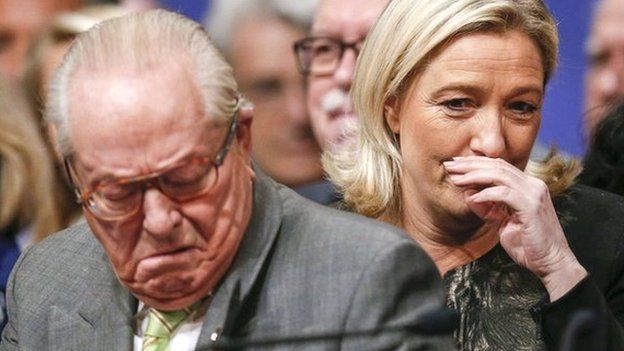 Marine Le Pen (R) and her father Jean-Marie Le Pen attend their party congress in Lyon on 30 November 2014