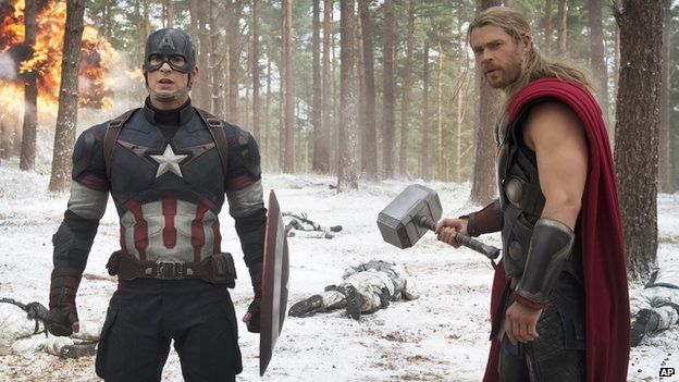 Captain America, played by Chris Evans, and Thor, played by Chris Hemsworth, in Avengers: Age of Ultron