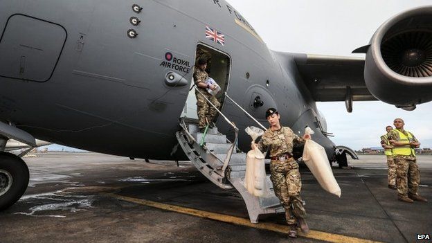 Members of the British military unloading a British Royal Air Force (RAF) C-17 aircraft in Kathmundu, Nepal.
