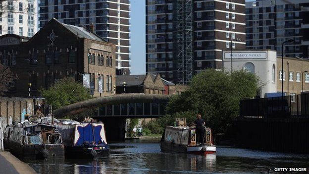 Canal boats on a city waterway