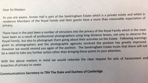 Letter to photographers regarding Duke and Duchess of Cambridge