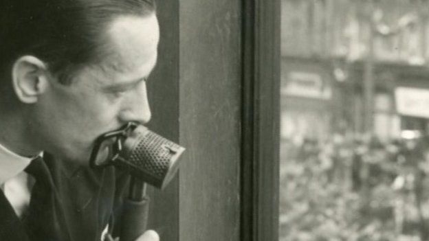 Harry McMullan broadcasts for the BBC on VE Day