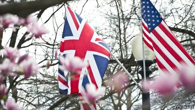 The Union Jack and the Stars and Stripes float in front of the White House in Washington on March 12, 2012