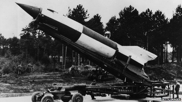 German V2 rocket ready for launching at Cuxhaven in Luneburg district, Lower Saxony. 1945