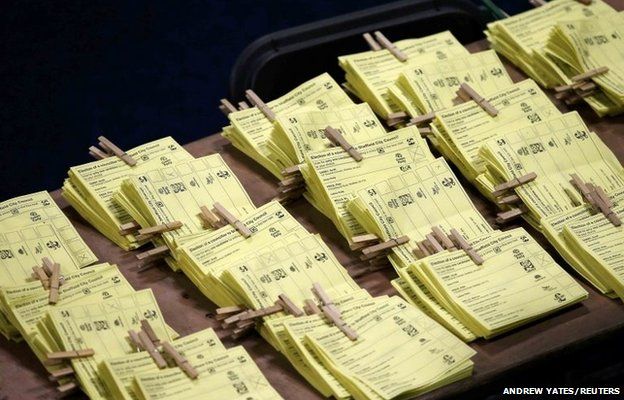 Tallied ballots are seen tagged together at a counting centre in Sheffield