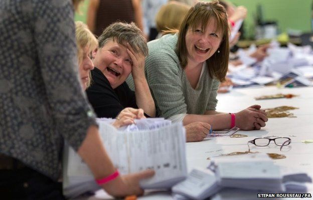 People laugh at the count in Witney in Oxfordshire