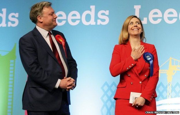 Conservative candidate Andrea Jenkyns celebrates after being elected as a member of parliament for Morley and Outwood as Ed Balls looks on