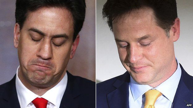 A combination picture shows opposition Labour Party leader Ed Miliband (L) and Liberal Democrat Party leader Nick Clegg