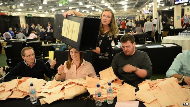 Counting staff work at the counting centre at Doncaster Racecourse, northern England, on May 7, 2015