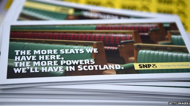 SNP campaign leaflets which read: "The more seats we have here, the more powers we'll have in Scotland"