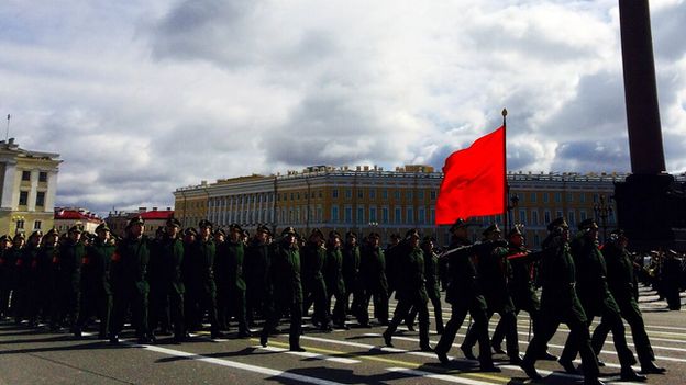 Russian soldiers prepare for a Victory Day parade in St Petersburg