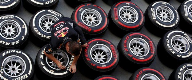 A red Bull engineer tests tyres ahead of the Spanish Grand Prix