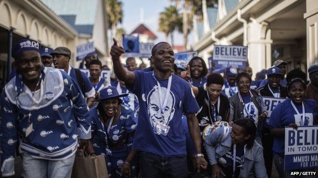 South Africa main opposition party Democratic Alliance supporters of Candidate Leader Mmusi Maimane dance and sing in his support during the party leadership elections on 10 May 2015 in Port Elizabeth.