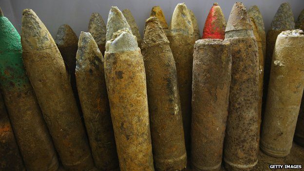 Unexploded artillery shells from World War I - August 26, 2014 near Metz, France