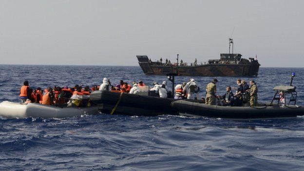 Migrants on a boat in the Mediterranean Sea. Photo: 7 May 2015