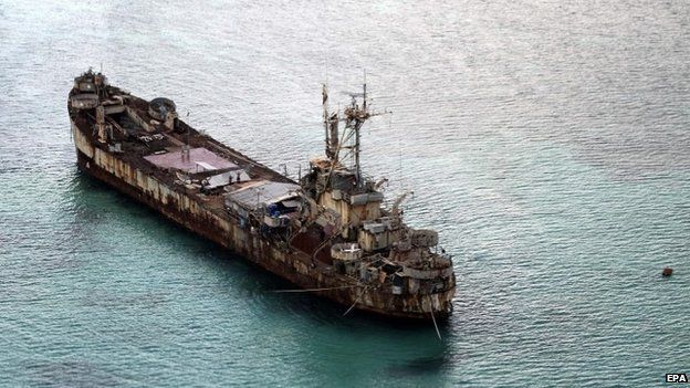 The dilapidated Sierra Madre ship of the Philippine Navy is anchored near Ayungin shoal (Second Thomas Shoal) with Filipino soldiers on-board to secure perimeter in the Spratly group of islands in the South China Sea, west of Palawan, Philippines, 11 May 2015.