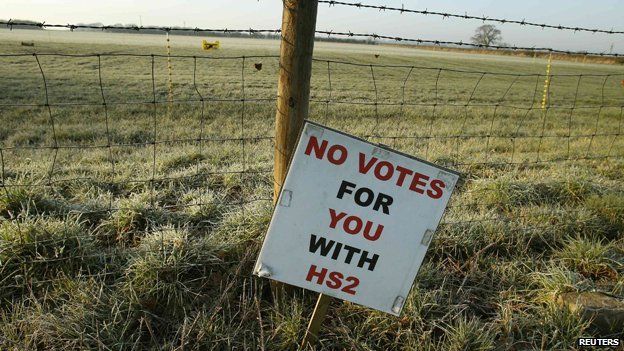 Sign reads: "No votes for you with HS2"
