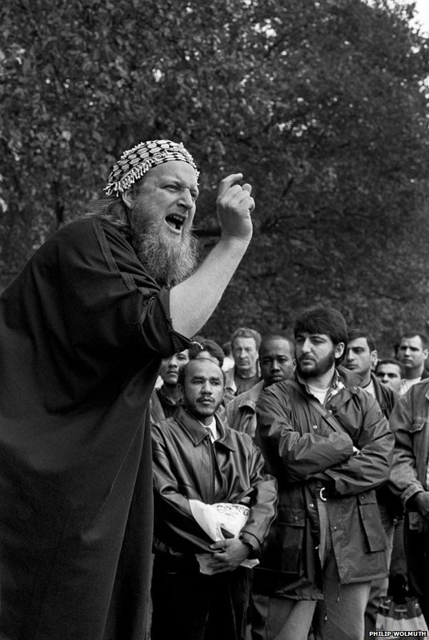 A Muslim preacher addresses a crowd at Speakers Corner, Hyde Park, London, 1993