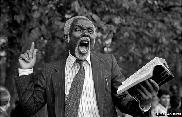 A Christian preacher addresses a crowd at Speakers Corner, Hyde Park, London, 1993