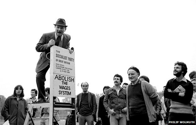 A member of the Socialist Party of Great Britain addresses a crowd at Speakers Corner, Hyde Park, London, 1978