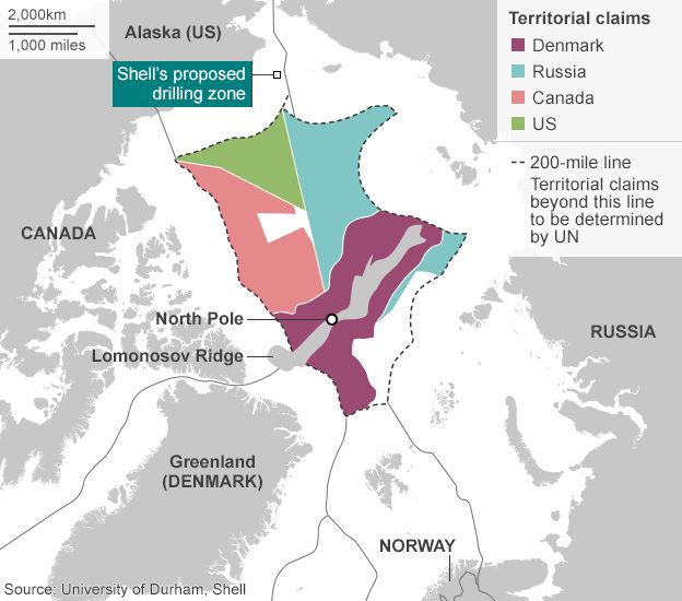 Map showing territorial claims to Arctic waters and US drilling site