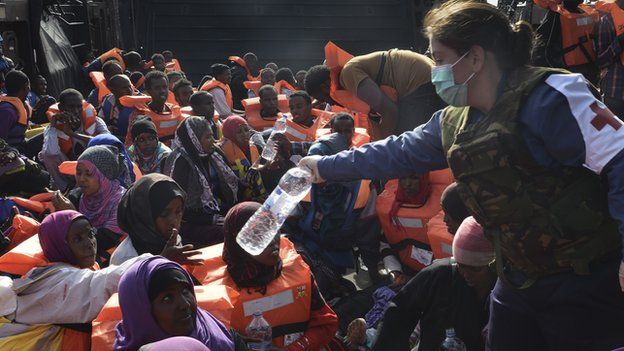 Rescued migrants getting UK aid in Mediterranean, 7 May 15