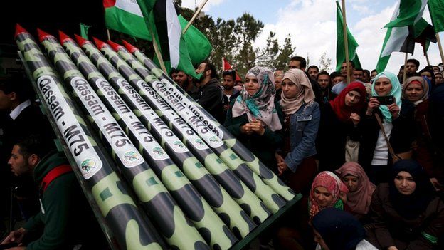 Palestinian students supporting Hamas stand next to mock Hamas rockets during rally celebrating winning of student council election at Birzeit University in the West Bank city of Ramallah