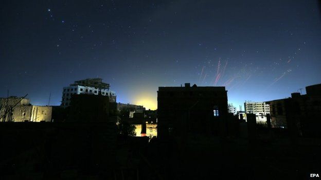 The sky above Sanaa is illuminated by anti-aircraft gunfire (12 May 2015)