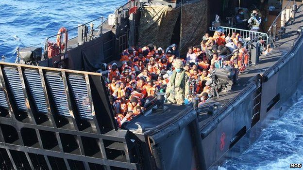 Migrants being taken to HMS Bulwark