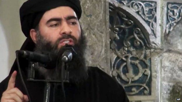 Abu Bakr al-Baghdadi gives a sermon at a mosque in Mosul (5 July 2014)
