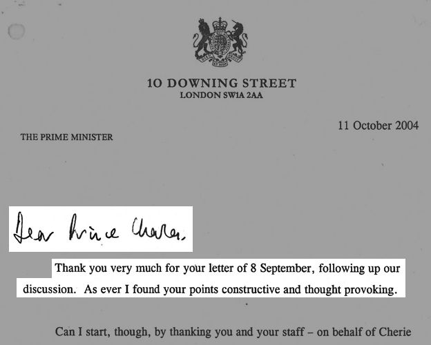 Tony Blair letter to Prince Charles