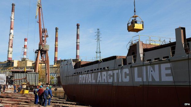 The Jonathan Arctica, one of the world's first Polar class supply ships, at shipyard in Gdansk, Poland, 22 April 2015
