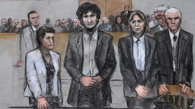 Dzhokhar Tsarnaev, shown in a court sketch with his lawyers as the jury returned its sentence