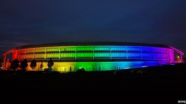 GCHQ lit up in rainbow colours