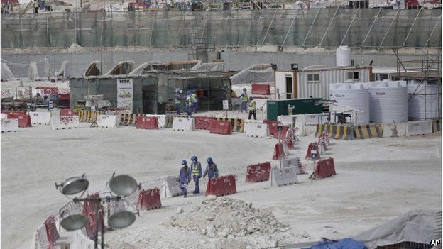 Workers building al-Wakrah stadium in Doha, Qatar, May 2015