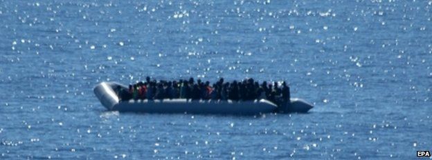 A dinghy filled with migrants off the Libyan coast (15 May)