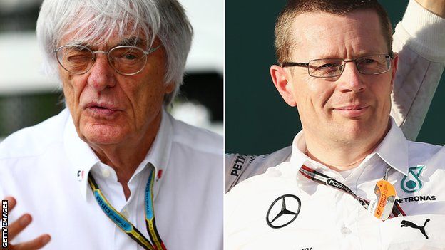 F1 boss Bernie Ecclestone and Mercedes F1 engine boss Andy Cowell