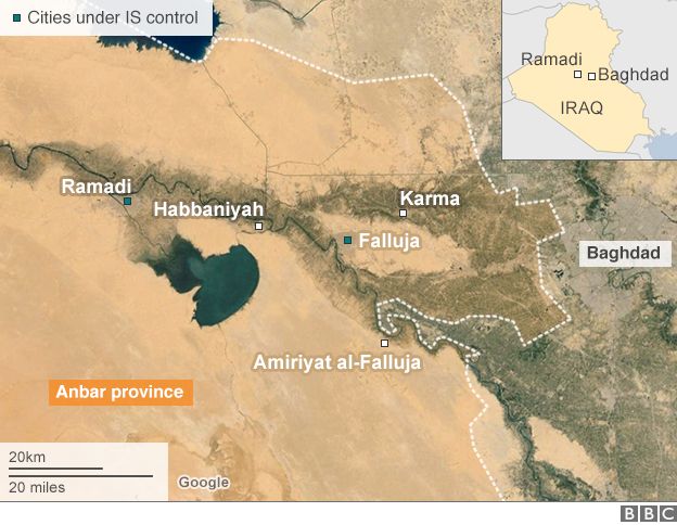 Map showing locations in Anbar province, including Ramadi and Habbaniyah