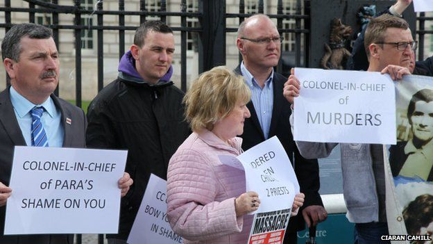 Sinn Féin West Belfast MP Paul Maskey (second right) attends a protest over Ballymurphy shootings